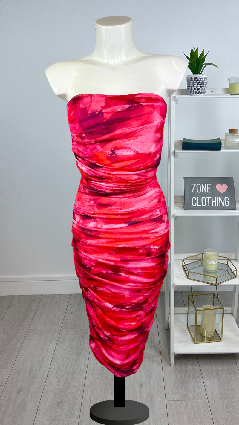 Robin - Fuschia/Red Marble Effect Ruched Dress