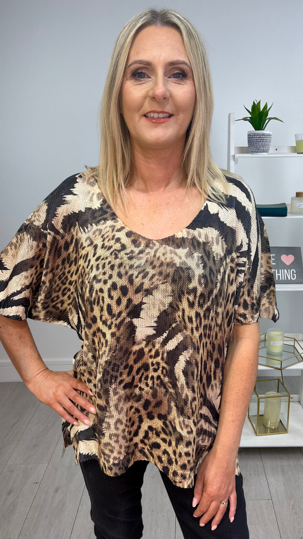 Freda - Animal Print Print V Neck Top