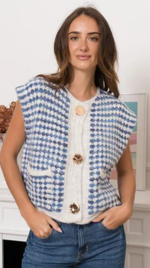 Jamie - Blue/Cream Button Sleeveless Chunky Knit