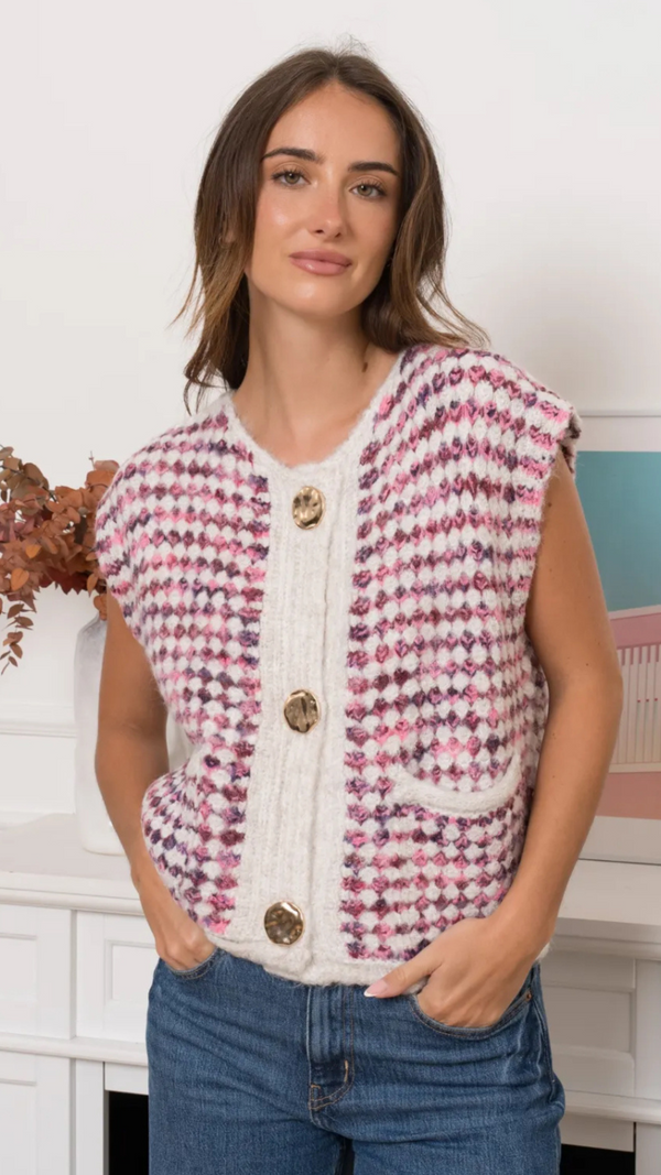 Jamie - Pink/Cream Button Sleeveless Chunky Knit