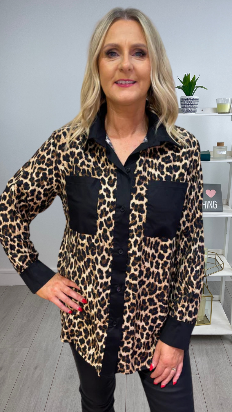 Imelda - Leopard Print Black Pocket Front Shirt