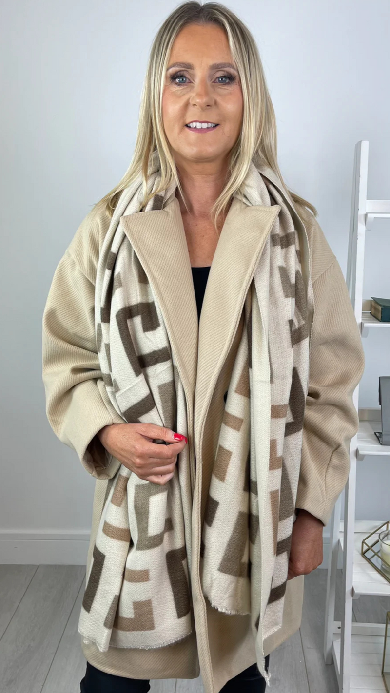 Georgia - Cream/ Taupe Print Winter Scarf