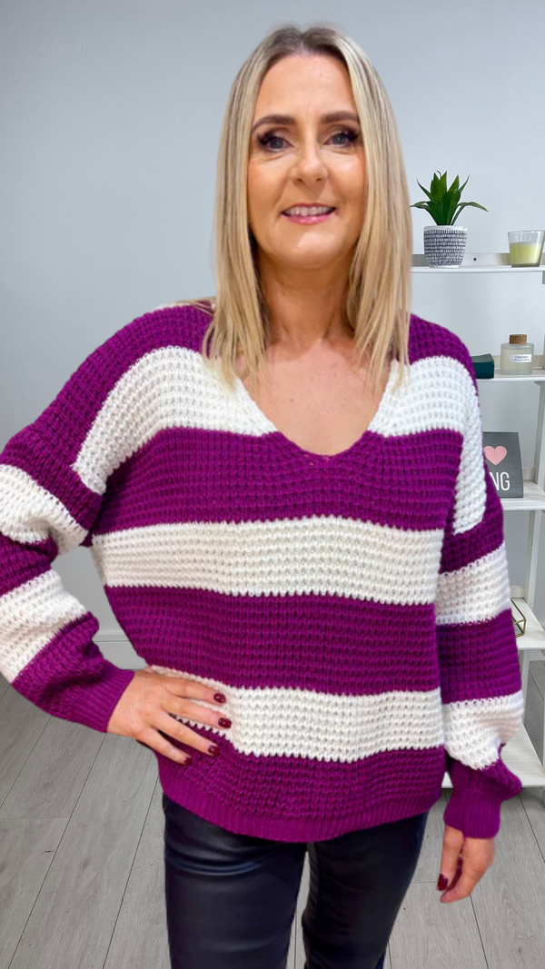 Tara - Magenta Stripe Knit Jumper