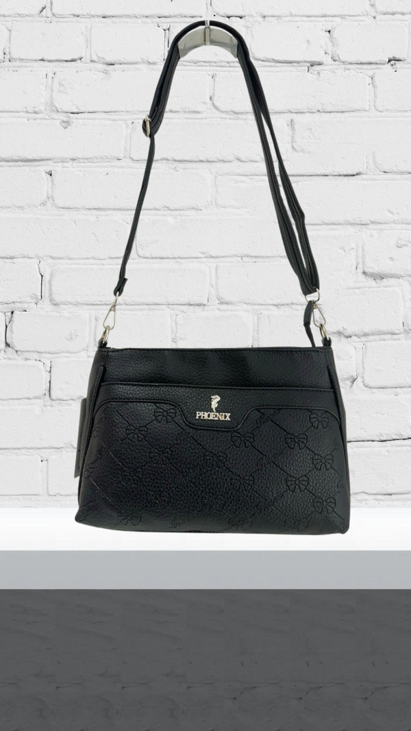 Mel - Black Triple Pouch Bow Print Bag