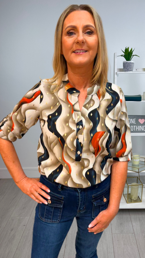 Ivy - Navy/Orange  Print Button Neck Top