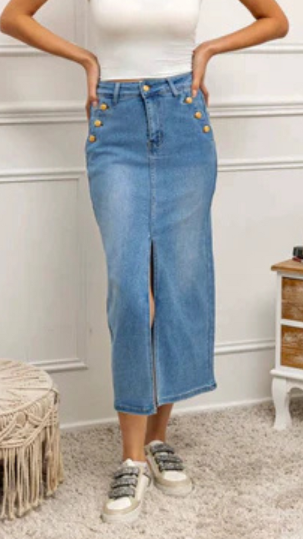 Aoife - Denim Front Split Gold Button Midi Skirt