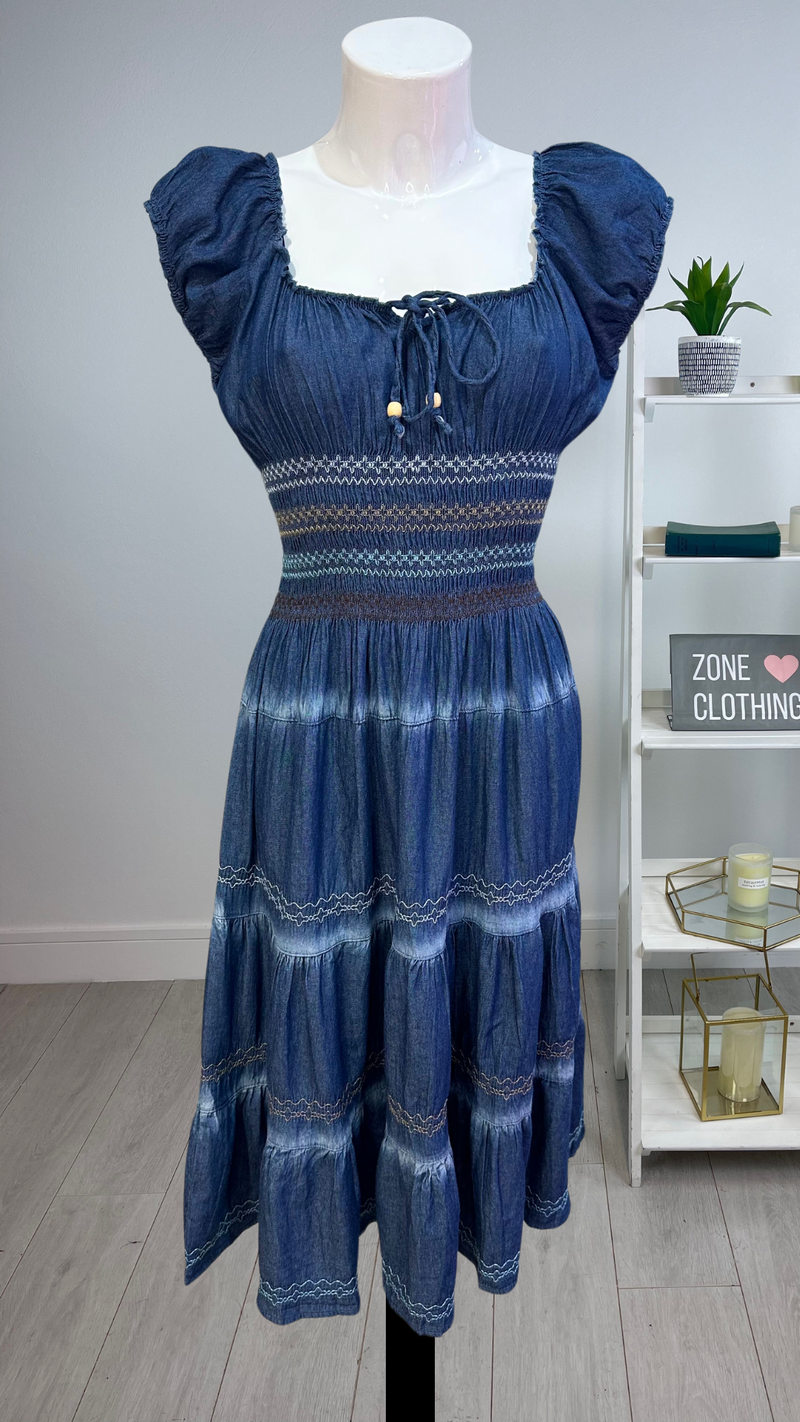 Zoe - Dark Wash Embroidery Denim  Midi Dress