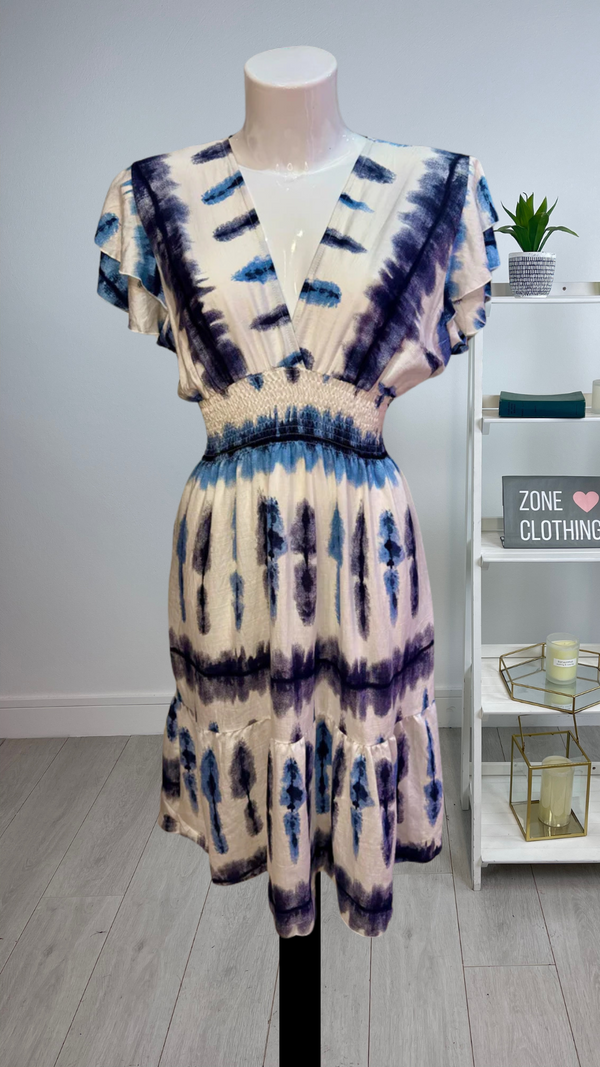 Madison - Navy/Denim Tie Dye Elastic Waist Midi Dress