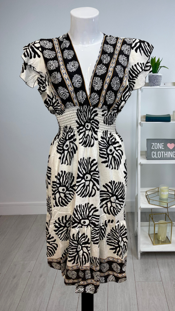 Madison -Black/Cream Print Elastic Waist Midi Dress