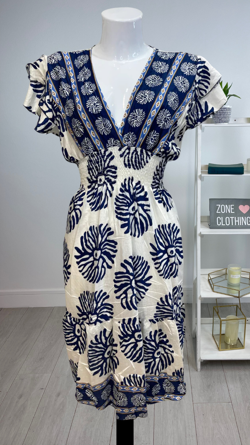 Madison -Navy/Cream Print Elastic Waist Midi Dress