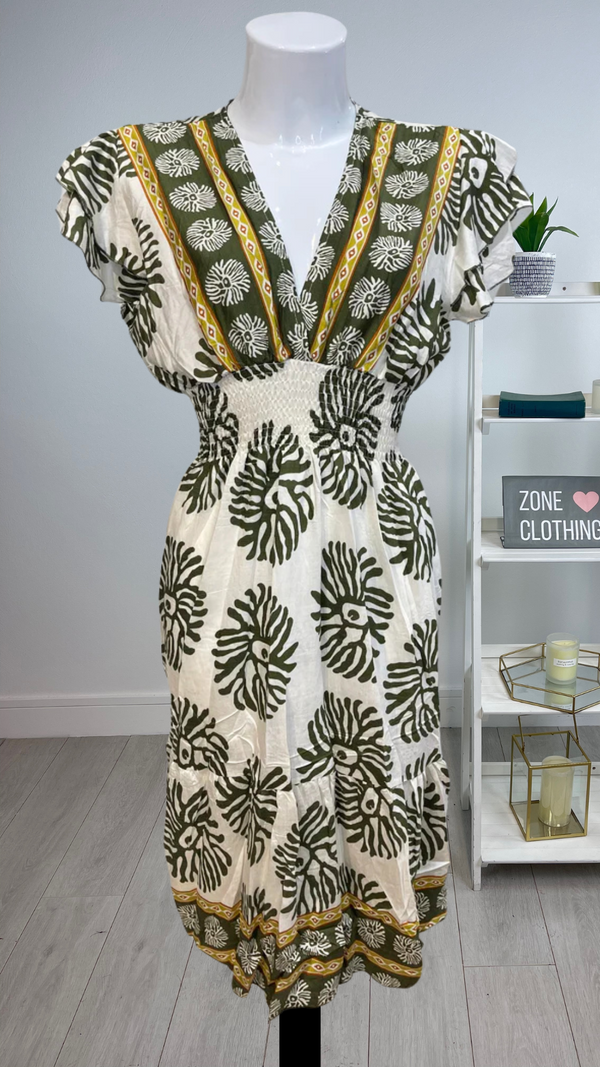 Madison -Khaki/Cream Print Elastic Waist Midi Dress