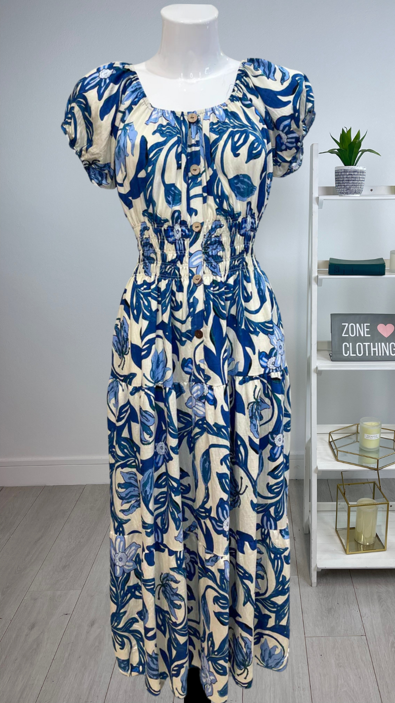 Suzie - Blue/Cream Leaf Print  Leaf Circle Print Button Linen Look Maxi