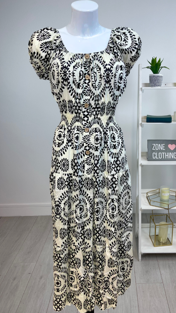 Suzie - Black/Cream  Leaf Circle Print Button Linen Look Maxi