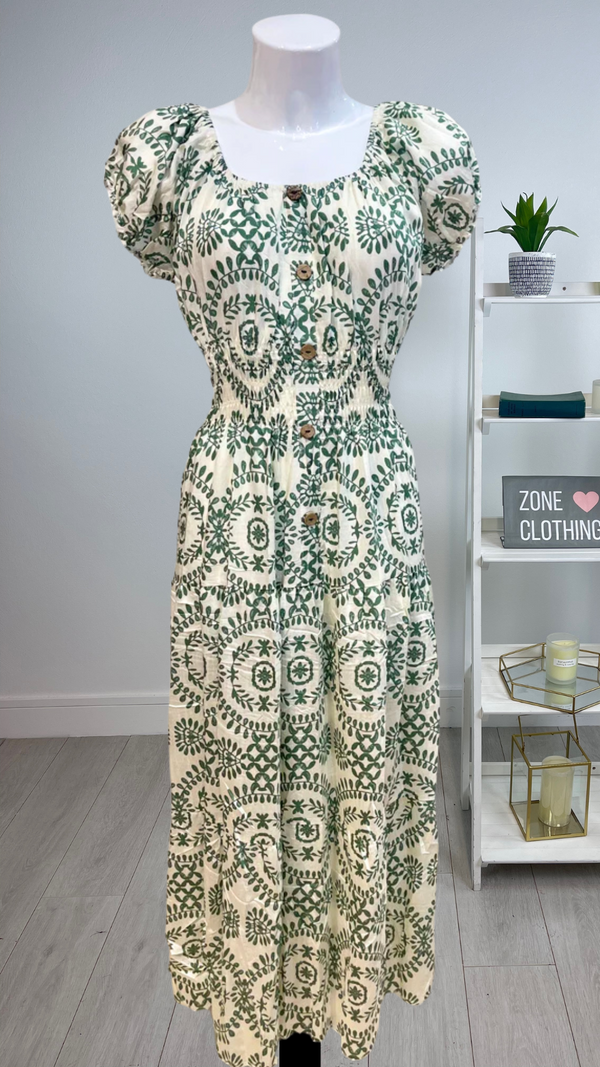 Suzie - Green/Cream Leaf Circle Print Button Linen Look Maxi