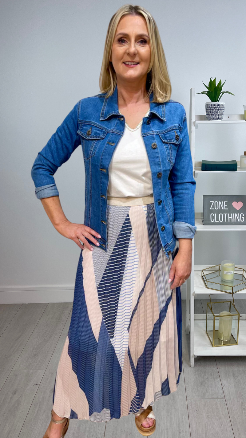 Maisy - Blue/Beige Multi Stripe Lined Pleat Skirt