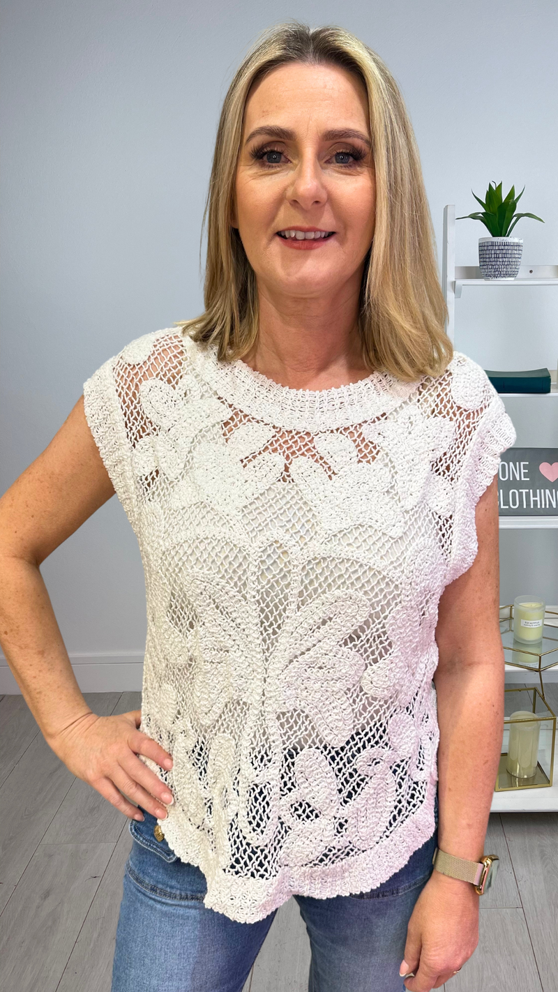 Tina - White Crochet Detail Sleeveless Top