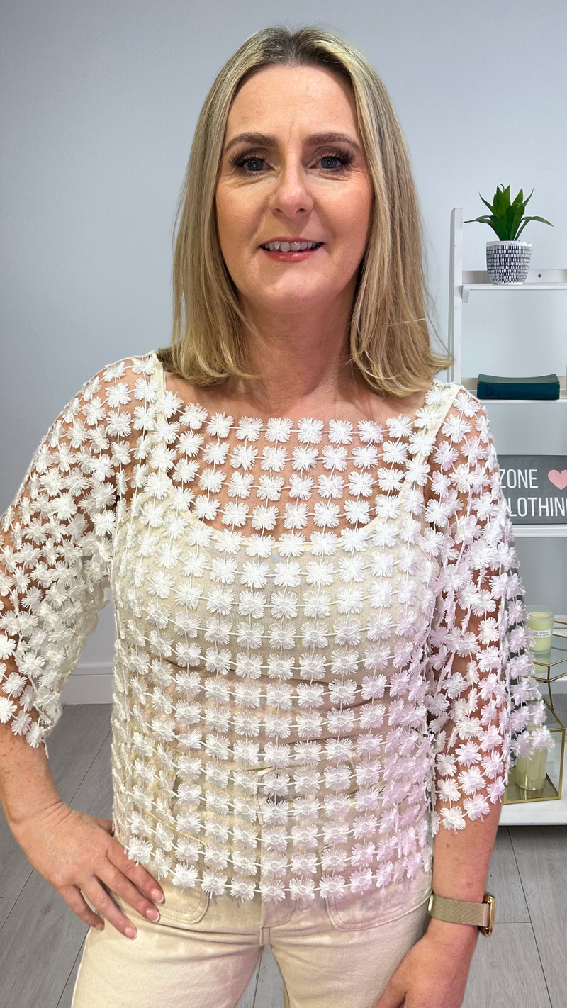 Zoe - White Ditsy Flower Crochet Top