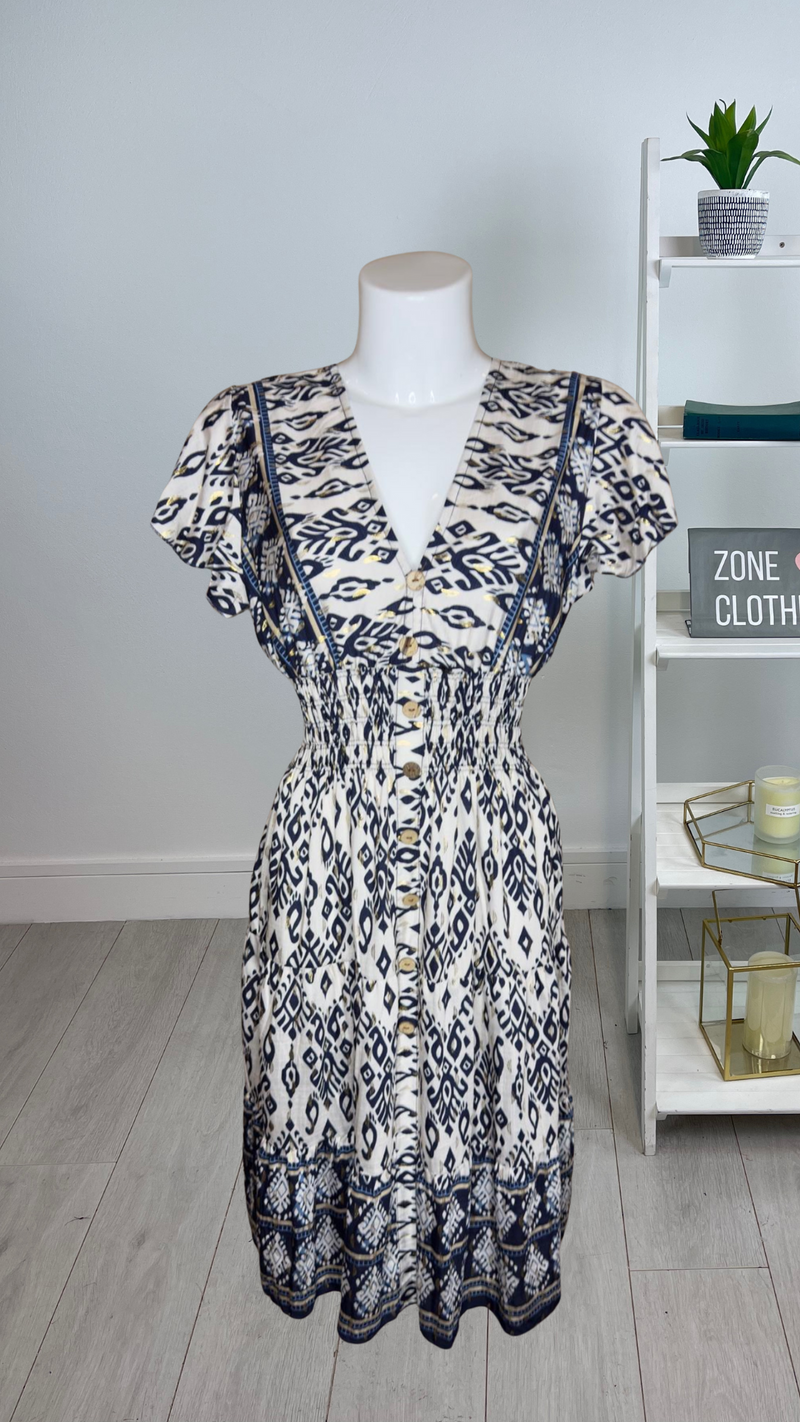 Lisa - Navy Lurex Detail Print Button Elastic Waist Midi Dress