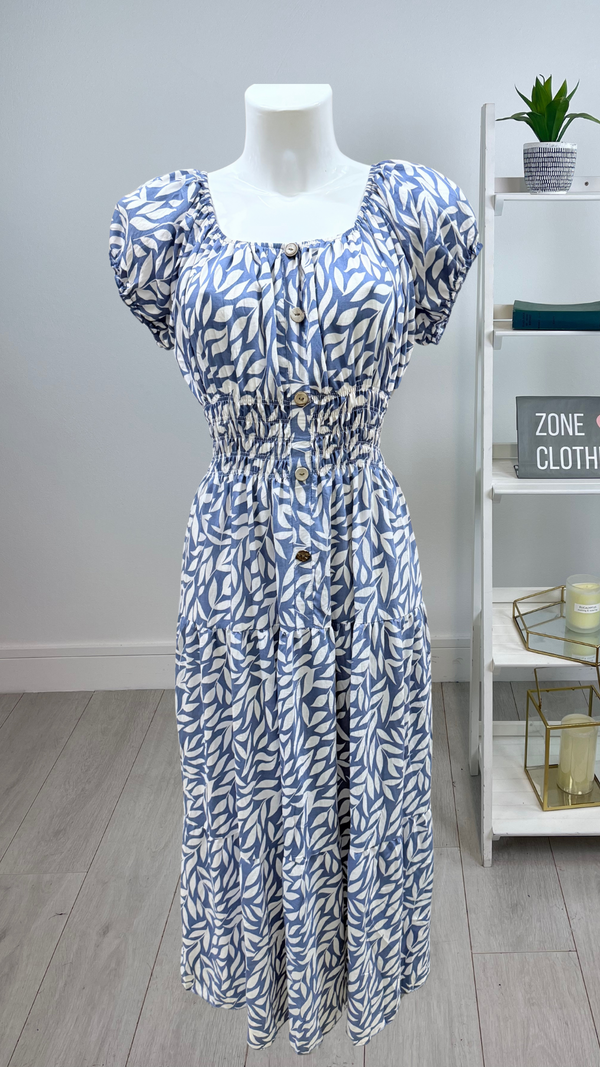 Suzie - Blue Leaf PrintButton Linen Look Maxi