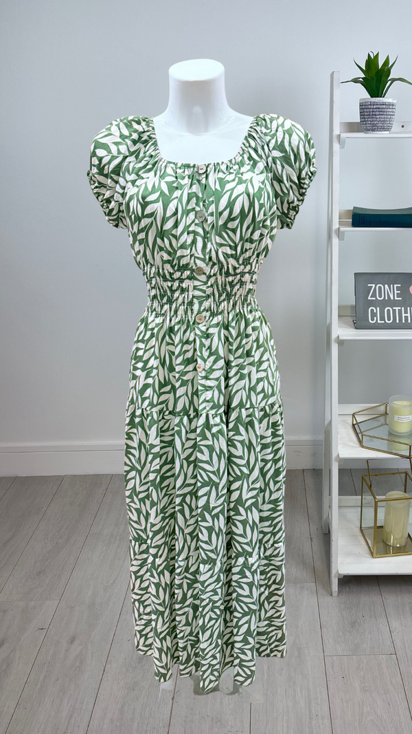 Suzie - Green Leaf PrintButton Linen Look Maxi