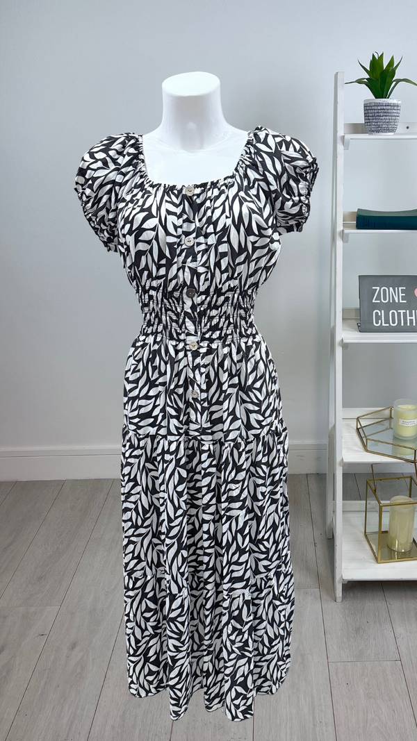 Suzie - Black Leaf PrintButton Linen Look Maxi