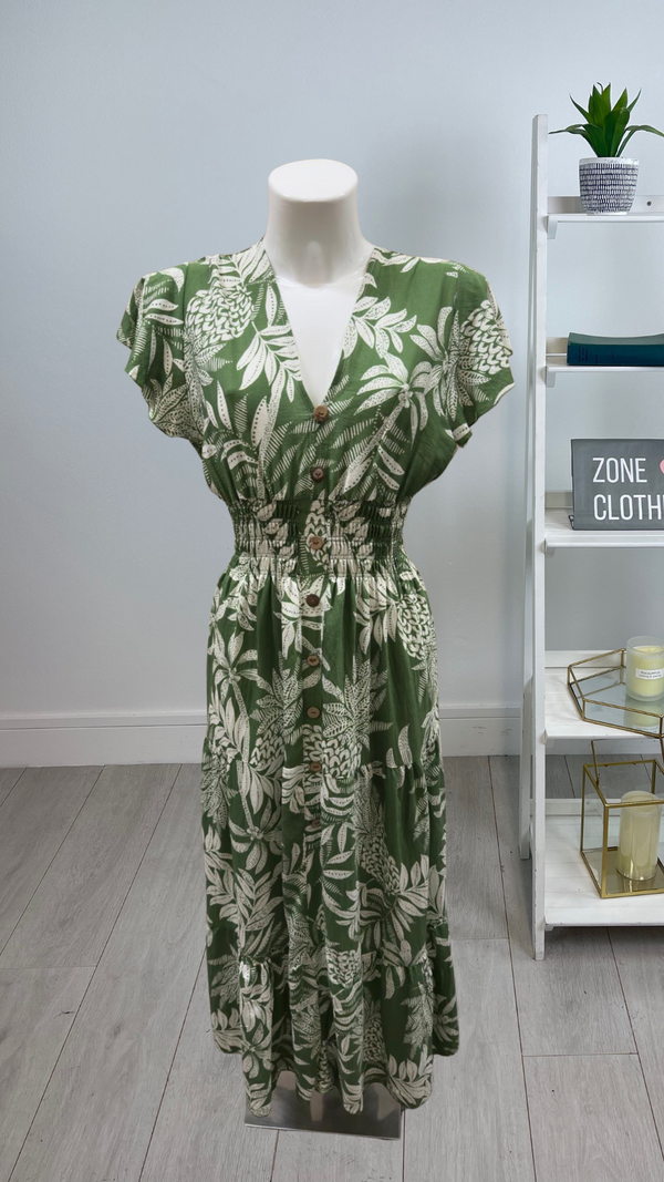 Sandy - Linen Look V-Neck Print Green Maxi