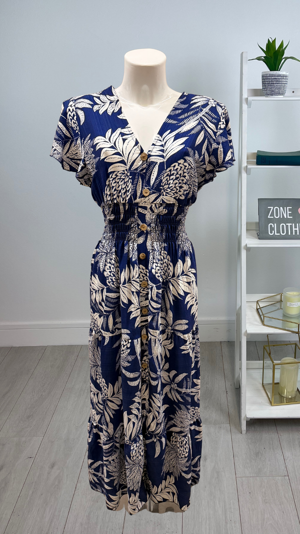 Sandy - Linen Look V-Neck Print Blue Maxi