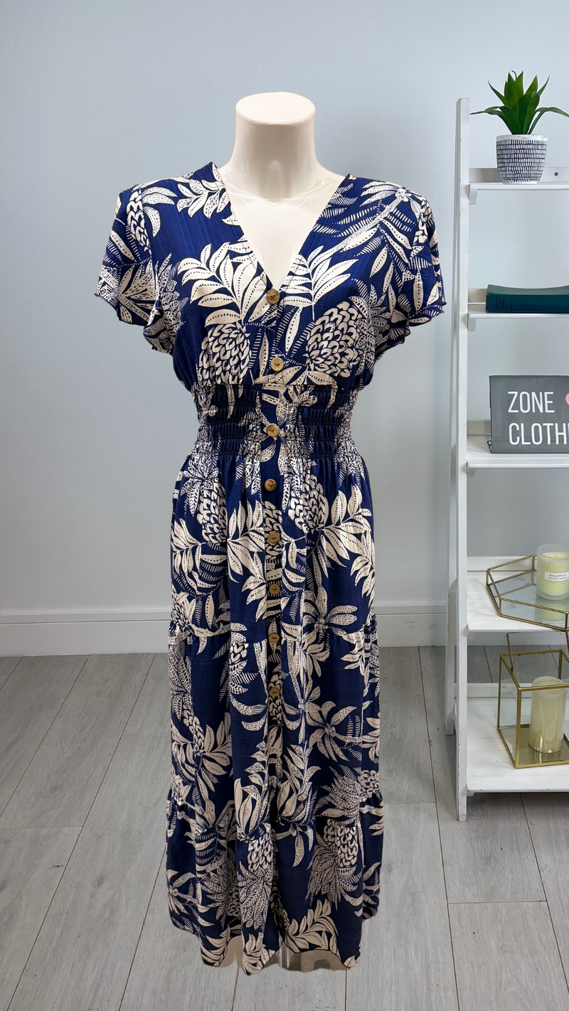 Sandy - Linen Look V-Neck Print Blue Maxi