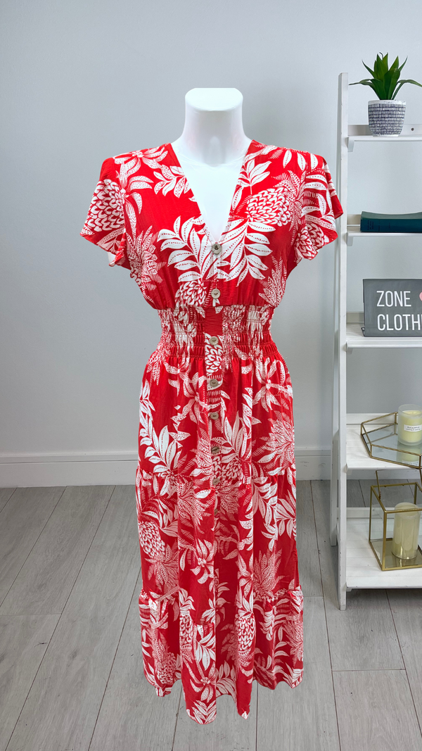 Sandy - Linen Look V-Neck Print Red Maxi