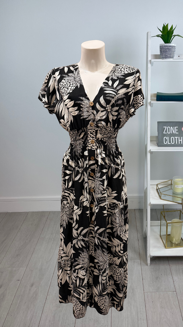 Sandy - Linen Look V-Neck Print Black Maxi