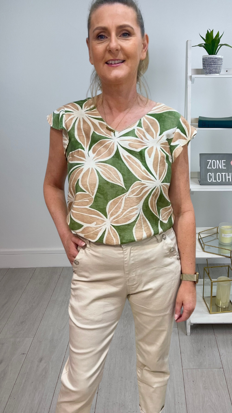Kerry - Khaki/Beige Petal Print Top