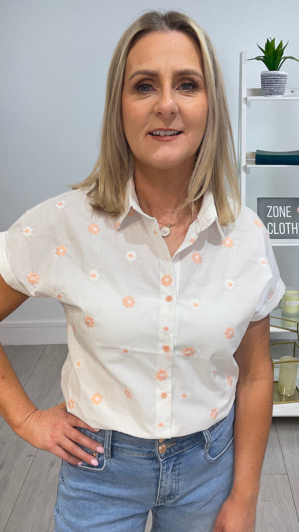 Angel - White/Peach  Ditsy Embroidered Top