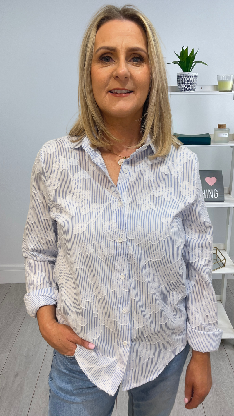 London - Blue Pinstripe Leaf Embossed Shirt