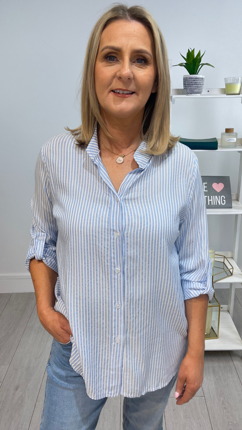 Lizzie - White/Blue Stripe Silver Thread Top
