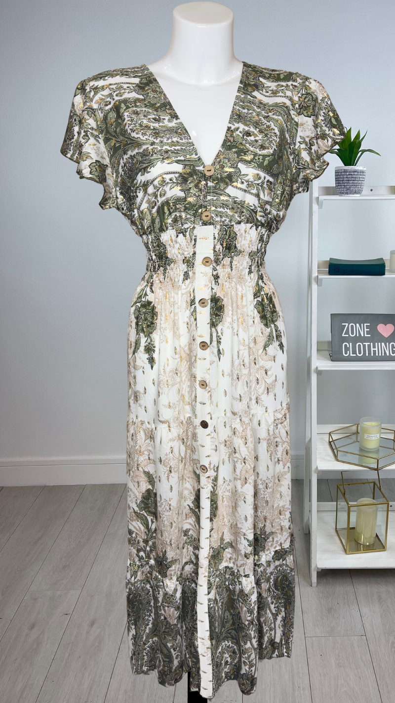 Macy - pre order dis 20 May Khaki Print Gold Fleck V-Neck Maxi
