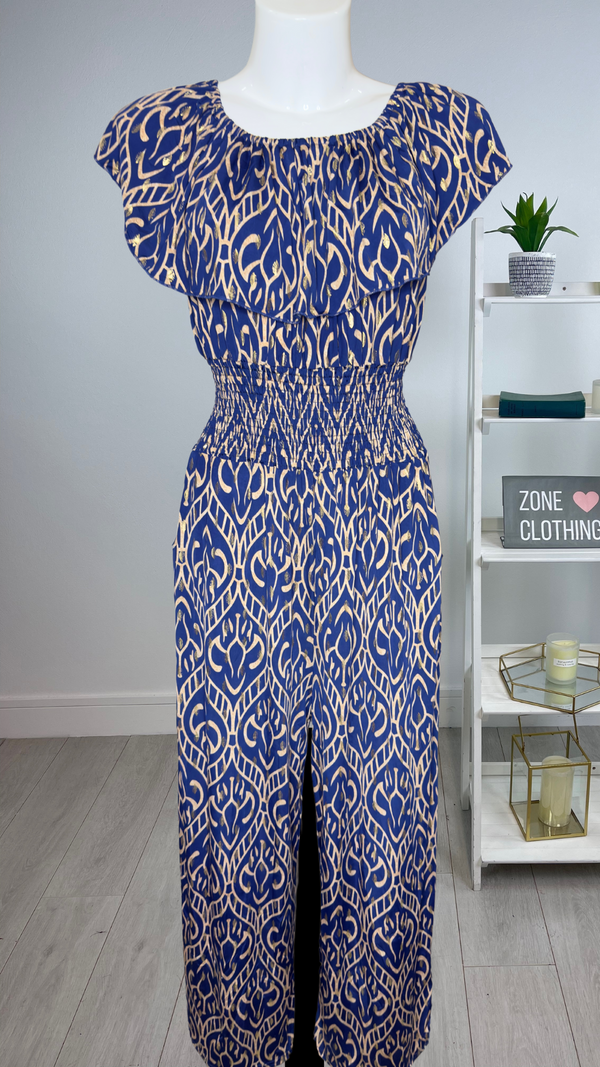 Kendra - Blue/Beige Gold Fleck Off Shoulder Jumpsuit