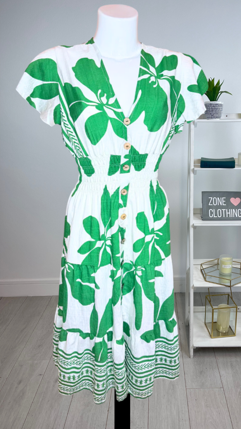 Lisa - Border Print Green Button Elastic Waist Midi