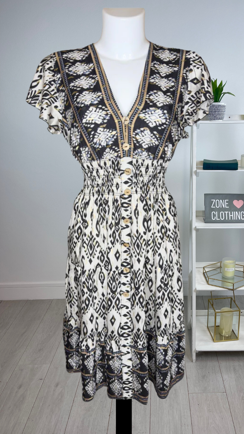 Lisa - Border Print Black Elastic waist Midi