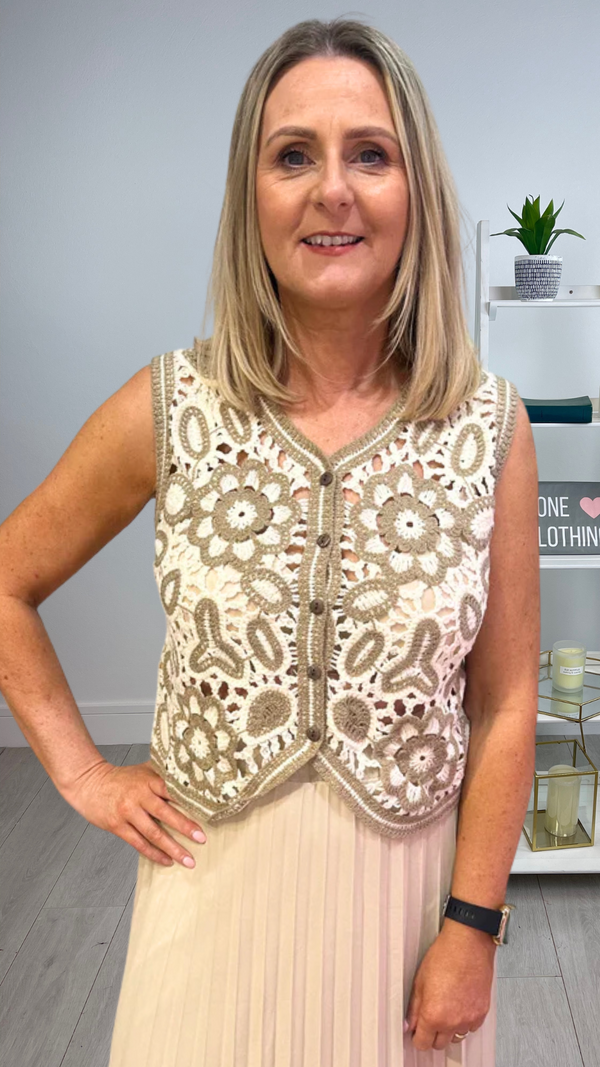 Millie - taupe/cream crochet waistcoat
