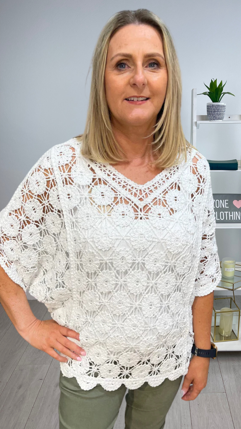 Georgia - White Crochet V neck Top