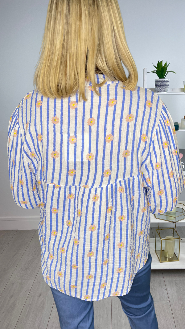 Nicky - Blue Stripe Ditsy Cotton Top