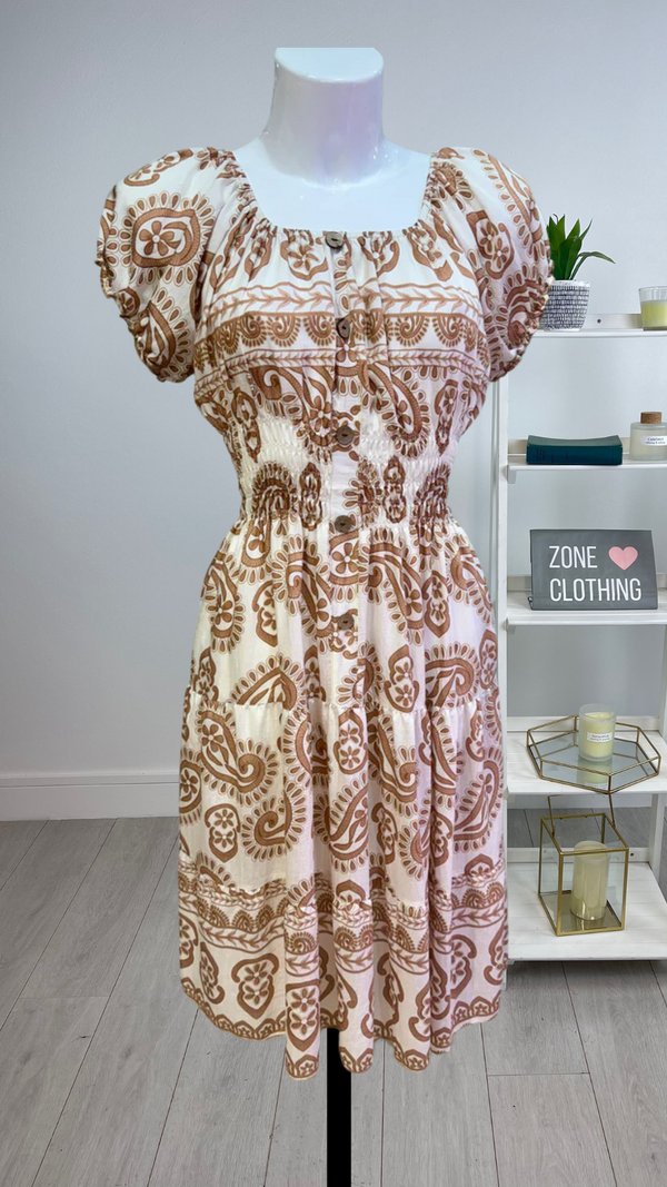 Emma - Coffee/Cream Paisley Print Button Midi Elastic Waist