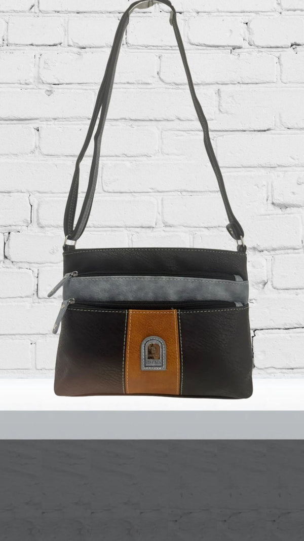 Allie - Black/Tan Two Tone Multi Zip crossbody Bag
