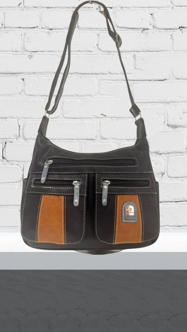 Callie - Black/Tan Double Front Zip Pocket