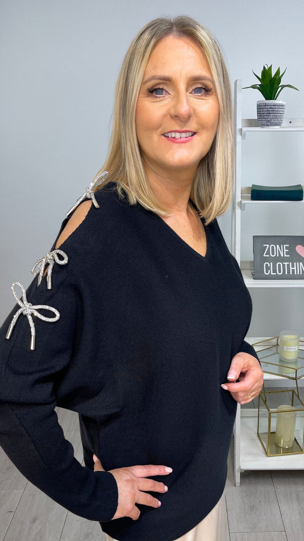 Evie - Black Diamonte Sleeve Knit