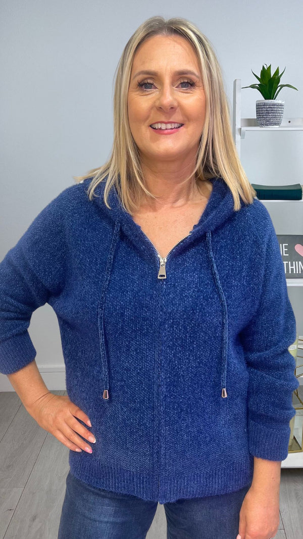 Polly - Blue Soft knit Hooded Zipped Knitwear