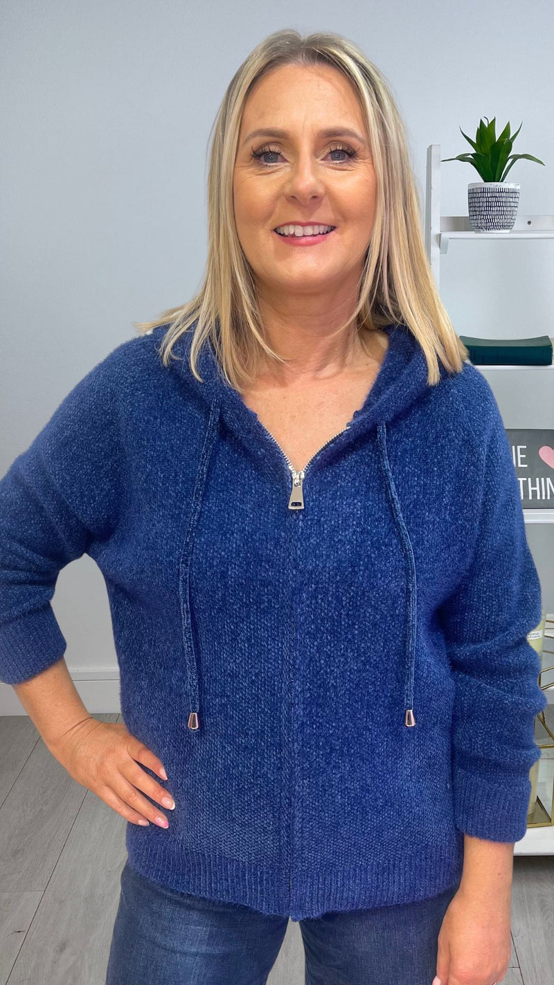 Polly - Blue Soft knit Hooded Zipped Knitwear