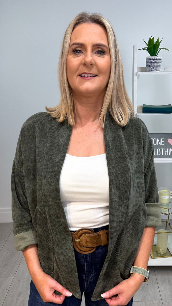 Amber -Khaki  Ribbed Velvet feel Pocket Jacket