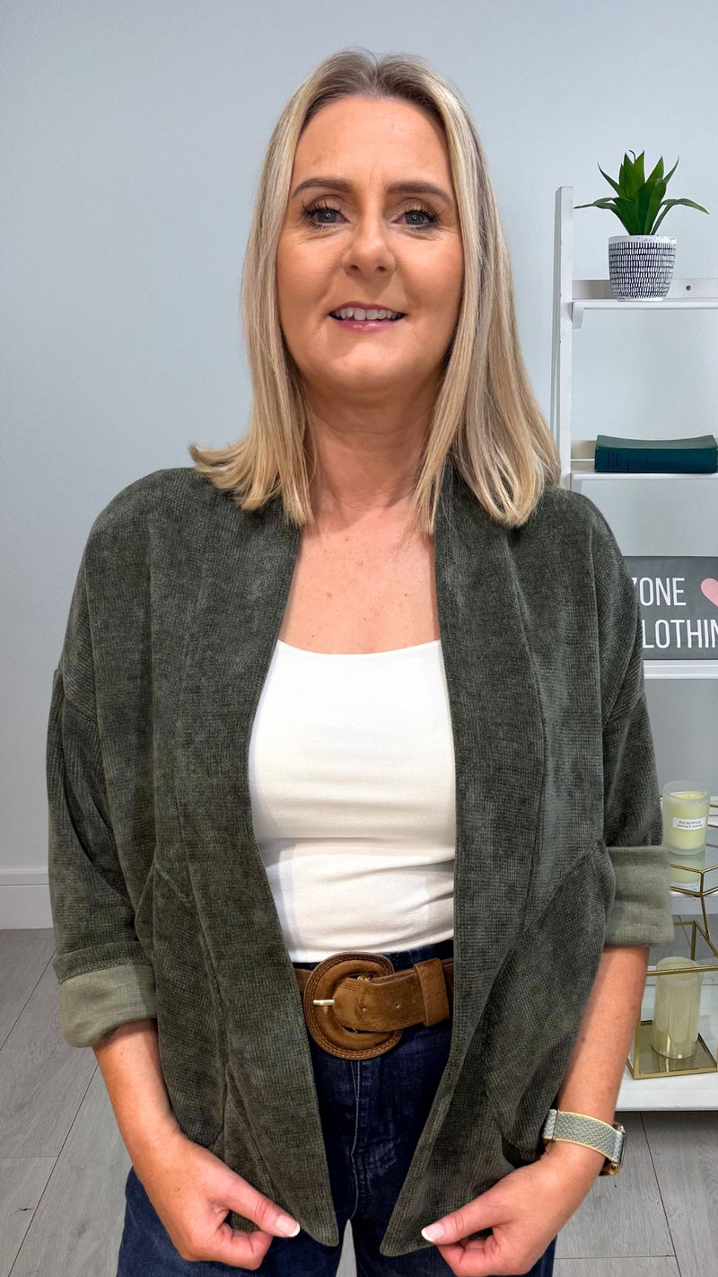 Amber -Khaki  Ribbed Velvet feel Pocket Jacket