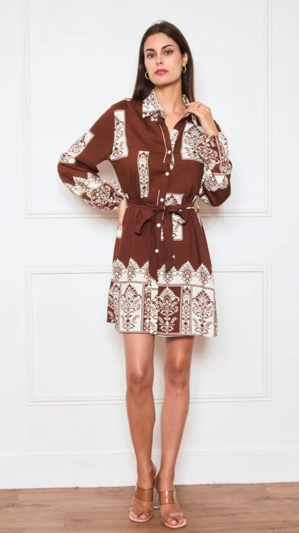 Becky - Chocolate/Soft Cream Print Shirt dress